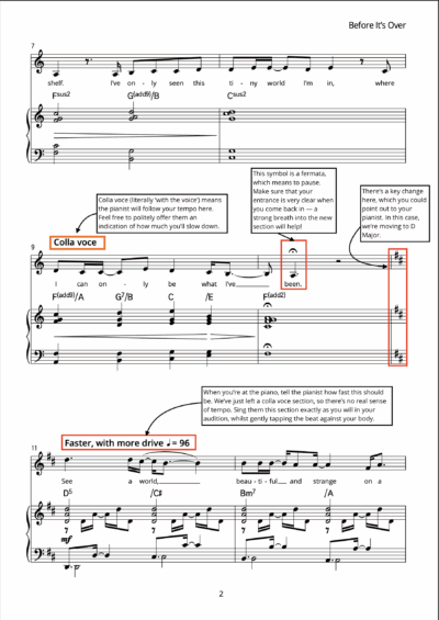 A page of 'Before It's Over' from Dogfight: The Musical, marked up with a few moments to point out to an audition pianist.